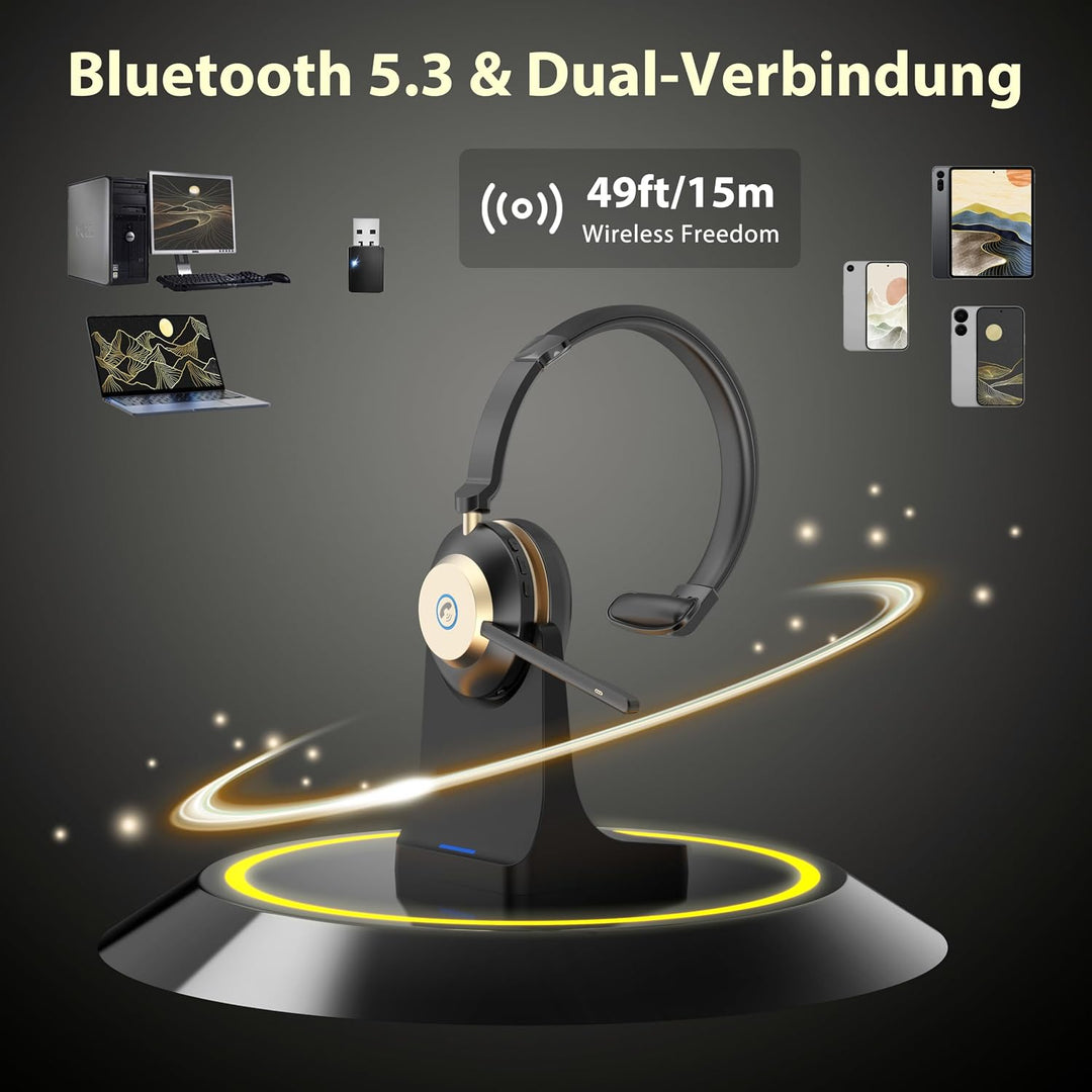 V5.3 Bluetooth-Headset mit Mikrofon für PC, Kabelloses Headset mit Mikrofon Rauschunterdrückung &amp; US