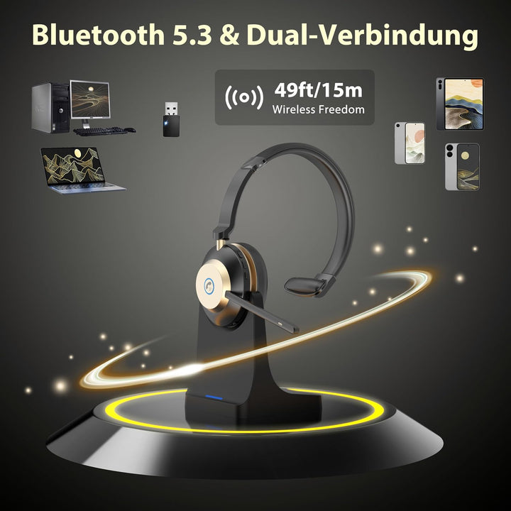 V5.3 Bluetooth-Headset mit Mikrofon für PC, Kabelloses Headset mit Mikrofon Rauschunterdrückung &amp; US