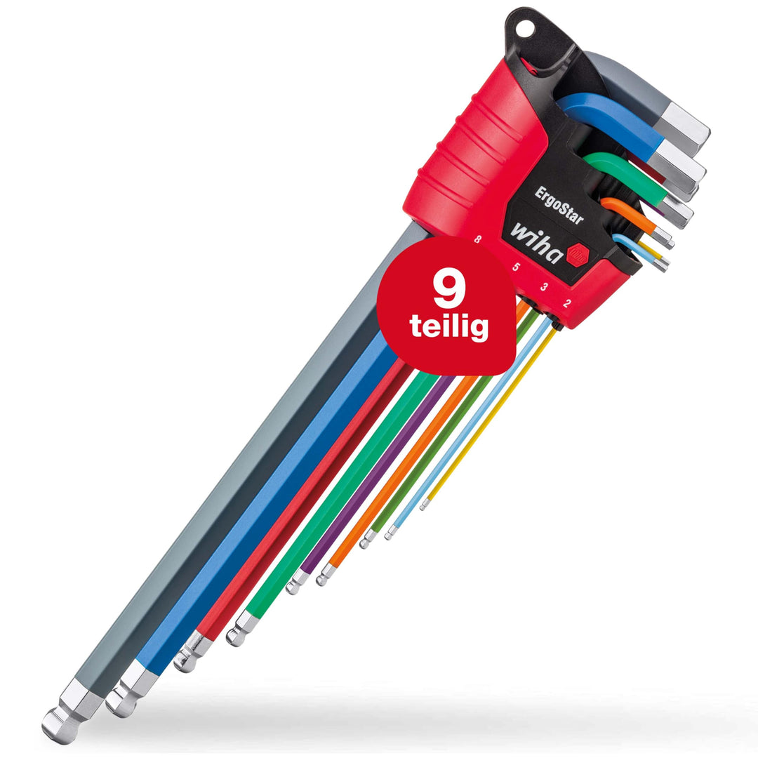 Wiha Stiftschlüssel Set 9-tlg. im ErgoStar Halter I 1,5 mm - 10 mm I Sechskant-Kugelkopf I farbig le