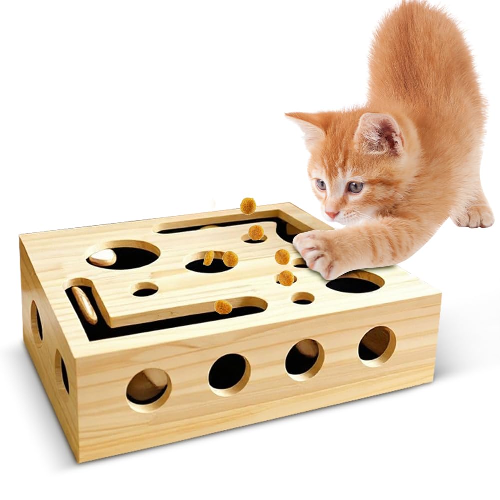Beschäftigungsbox Krallenfeile Katzen, 30X25X8CM Kratzpuzzle Spielbox Holz Katzen, Interaktives Futt