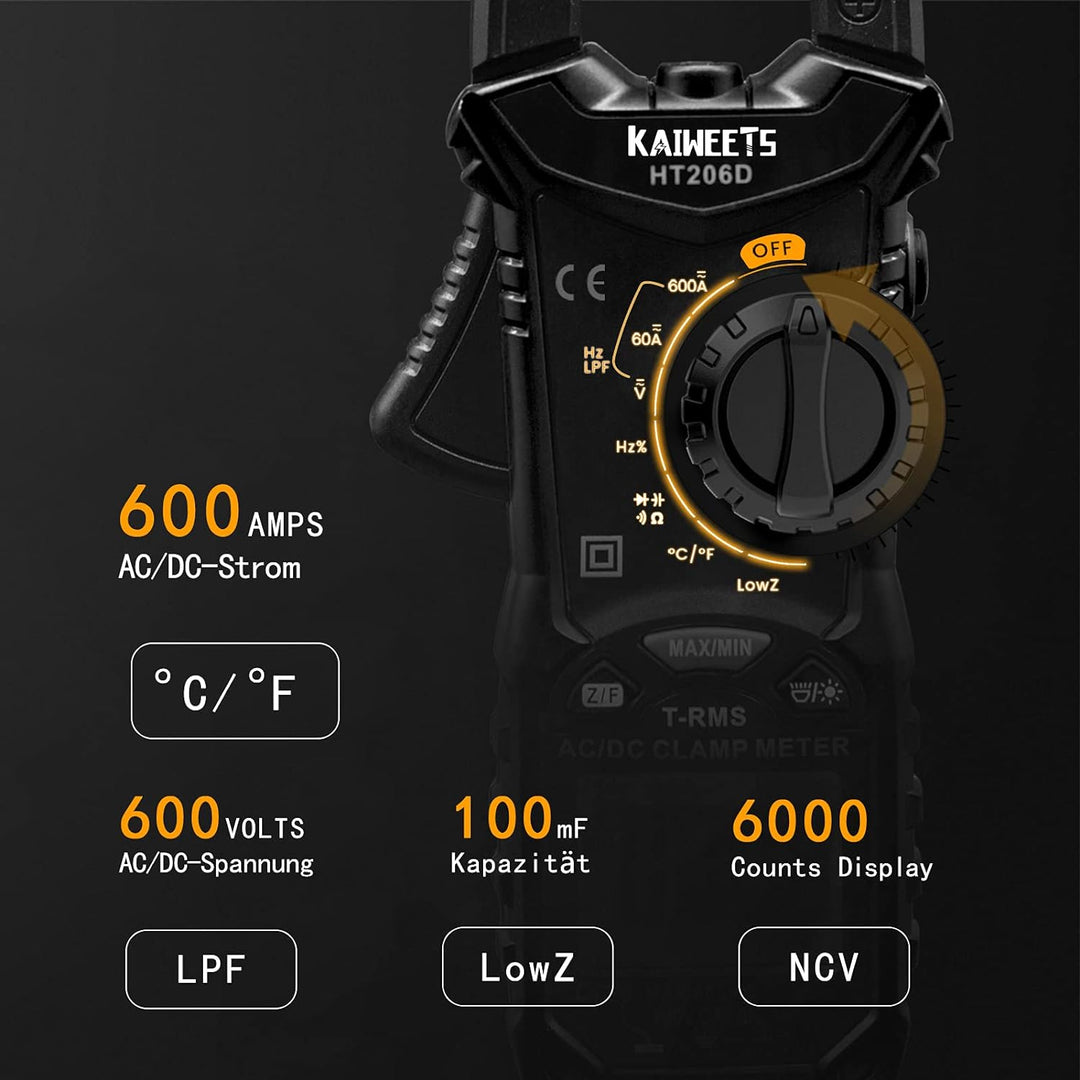 KAIWEETS HT206D Stromzange, Strommessgerät DC/AC Strom: 0-600A, Zangenmultimeter True-RMS 6000 Count