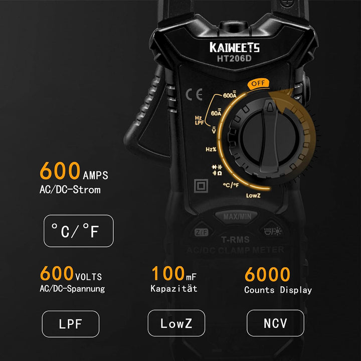 KAIWEETS HT206D Stromzange, Strommessgerät DC/AC Strom: 0-600A, Zangenmultimeter True-RMS 6000 Count