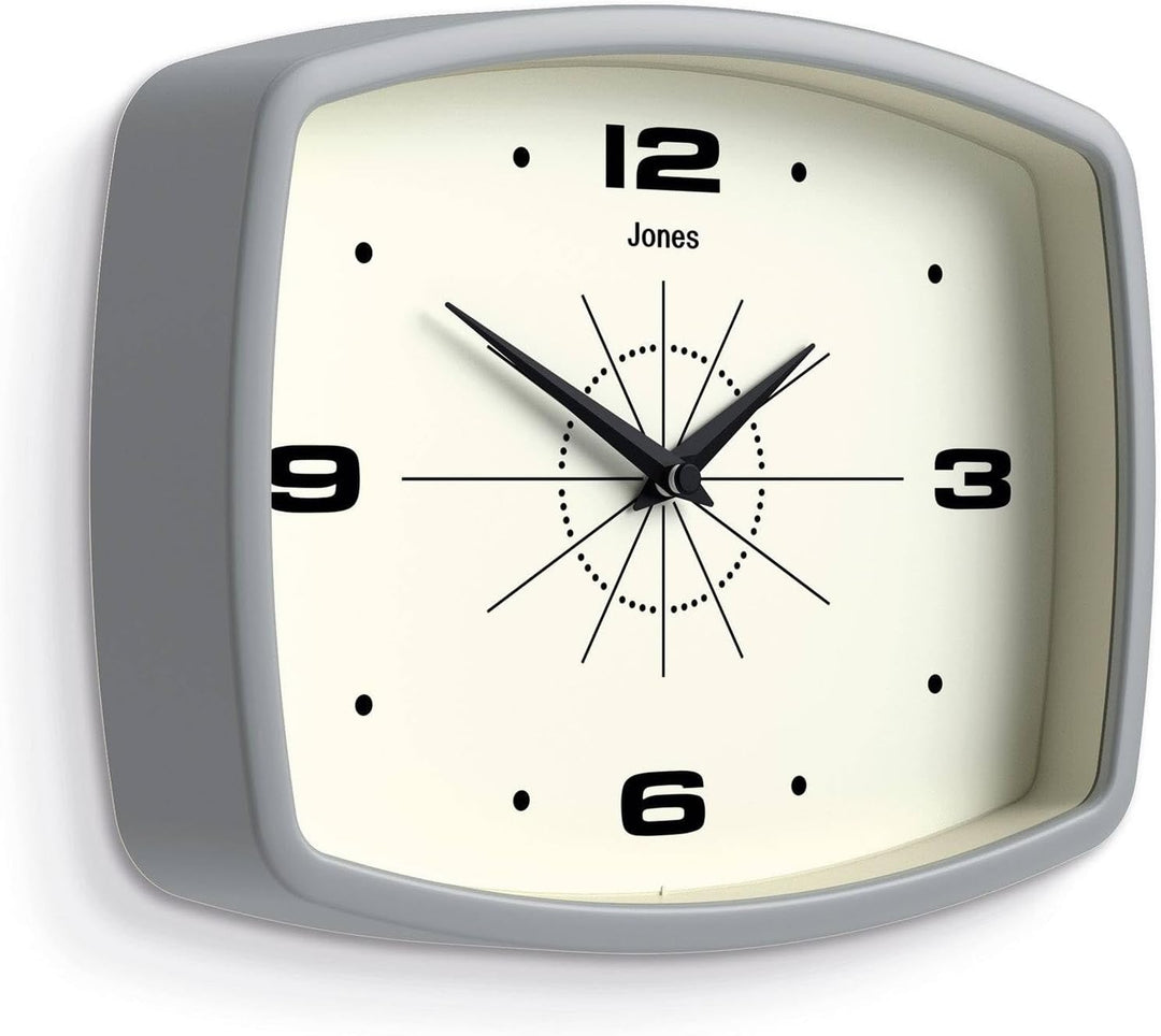 JONES CLOCKS® Movie Wanduhr | Retro rechteckige Uhr | 25cm | Grau | Cooler Designer-Look für Küche,