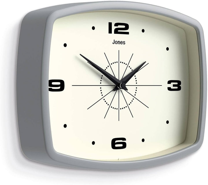 JONES CLOCKS® Movie Wanduhr | Retro rechteckige Uhr | 25cm | Grau | Cooler Designer-Look für Küche,