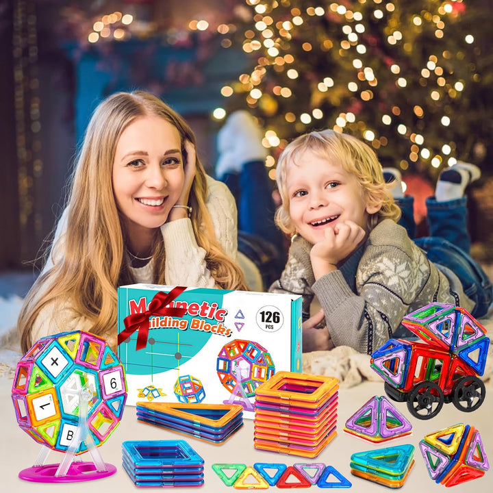 AQXONG 126 Teile Magnetische Bausteine, Magnetspielzeug Magnete für Kinder, Lustiges Pädagogisches B