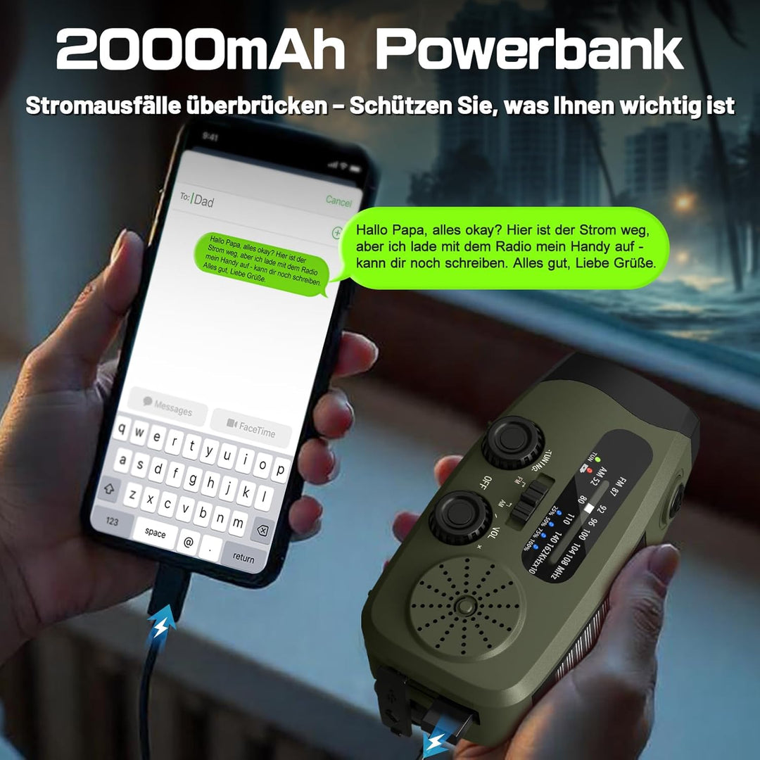Notfall Kurbel Radio, 2000mAh/7400mWh Akku Kurbelradio Solar Batterie Power Bank USB AM/FM Radio mit