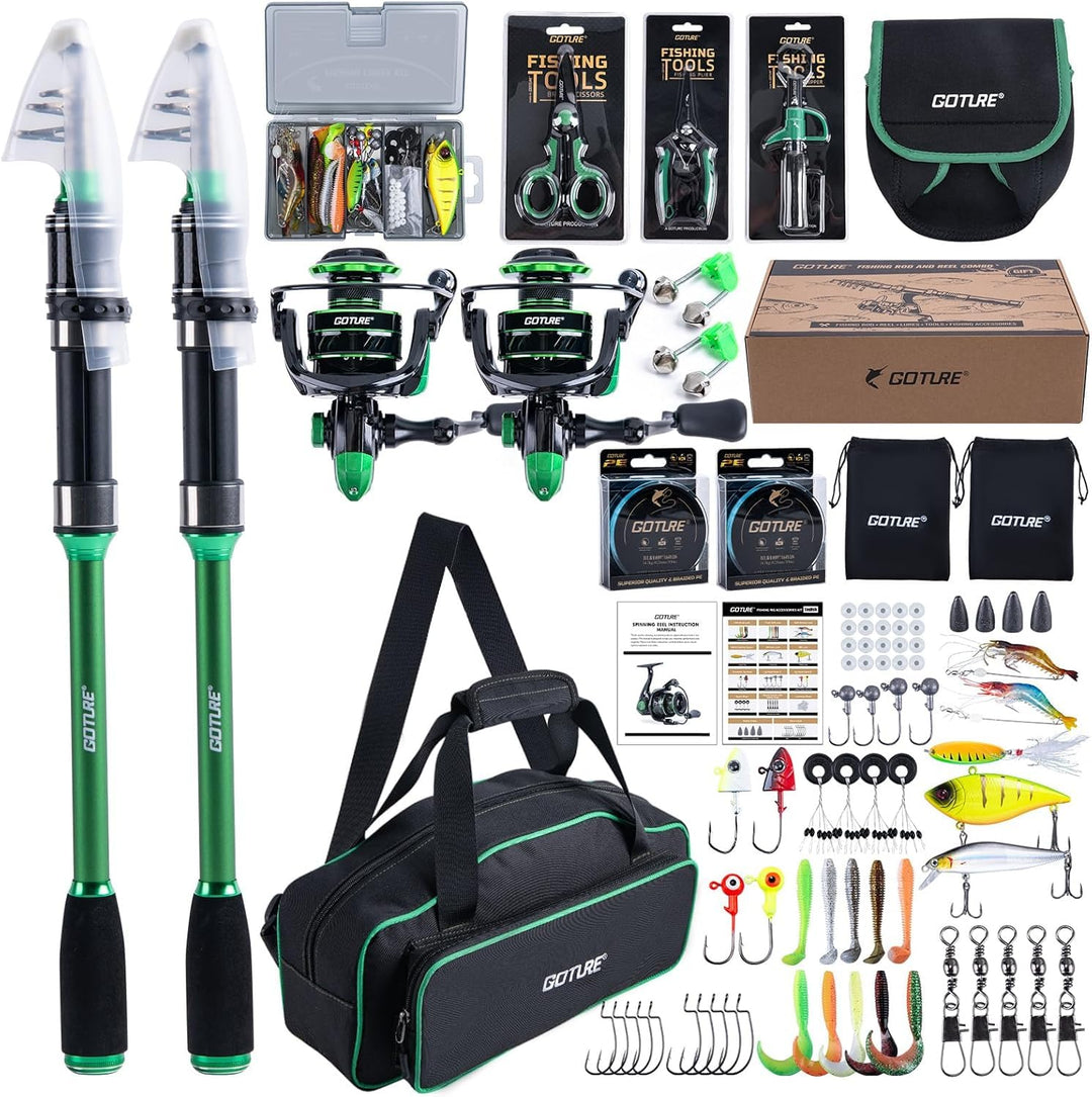 Goture Angelset Komplett (24T Carbon), 2 Teleskop-Brandungsrute aus Kohlefaser & Spinnrolle mit 9+1