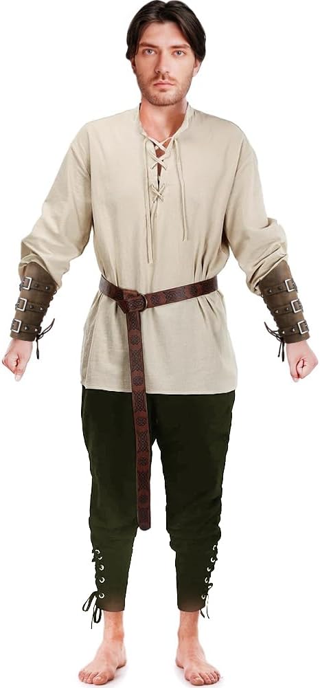 Herren Renaissance Kostüm 5PCS Mittelalter Retro Viking Langarm Shirts, Knöchel Gebänderte Hosen, PU
