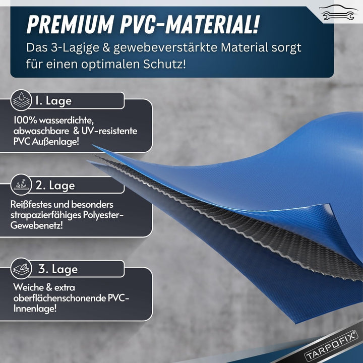 Tarpofix® Anhängerplane Flachplane 258x136x8 cm - ECHTES PVC PLANENMATERIAL - Randverstärkte Anhänge
