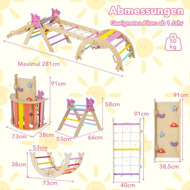 DREAMADE 9-in-1 Montessori Kletterdreieck Set, Kletterbogen aus Holz mit Netz für Kleinkinder ab 1 J