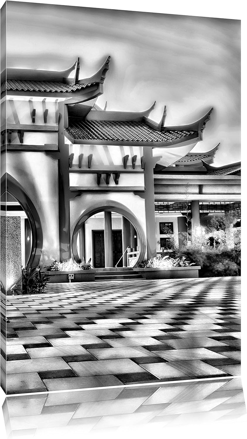 Pixxprint Monocrome, chinesischer Tempel, Format: 100x70 auf Leinwand, 100x70