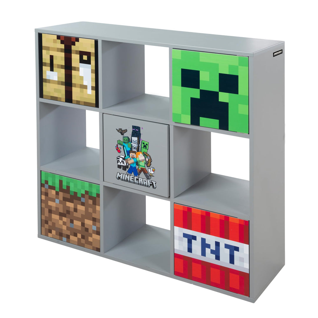 Phoenix Group Minecraft - 3x3 Regal, Raumteiler mit Türen und offenen Fächern, Grau
