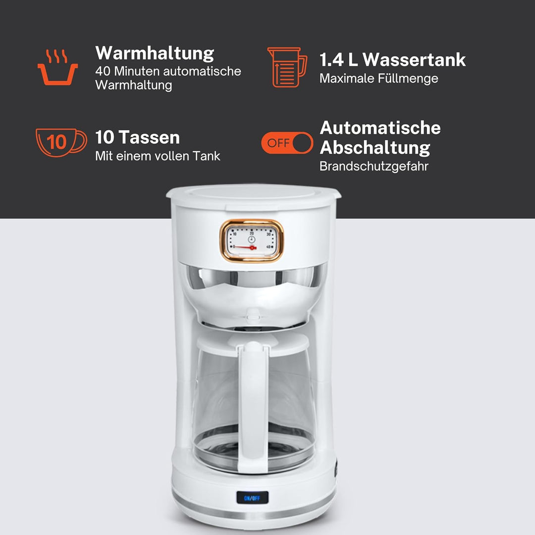 MUSE Kaffeeautomat MS-220 W | mit Glaskanne, analoge Anzeige für Warmhaltung, 10 Tassen Fassungsverm