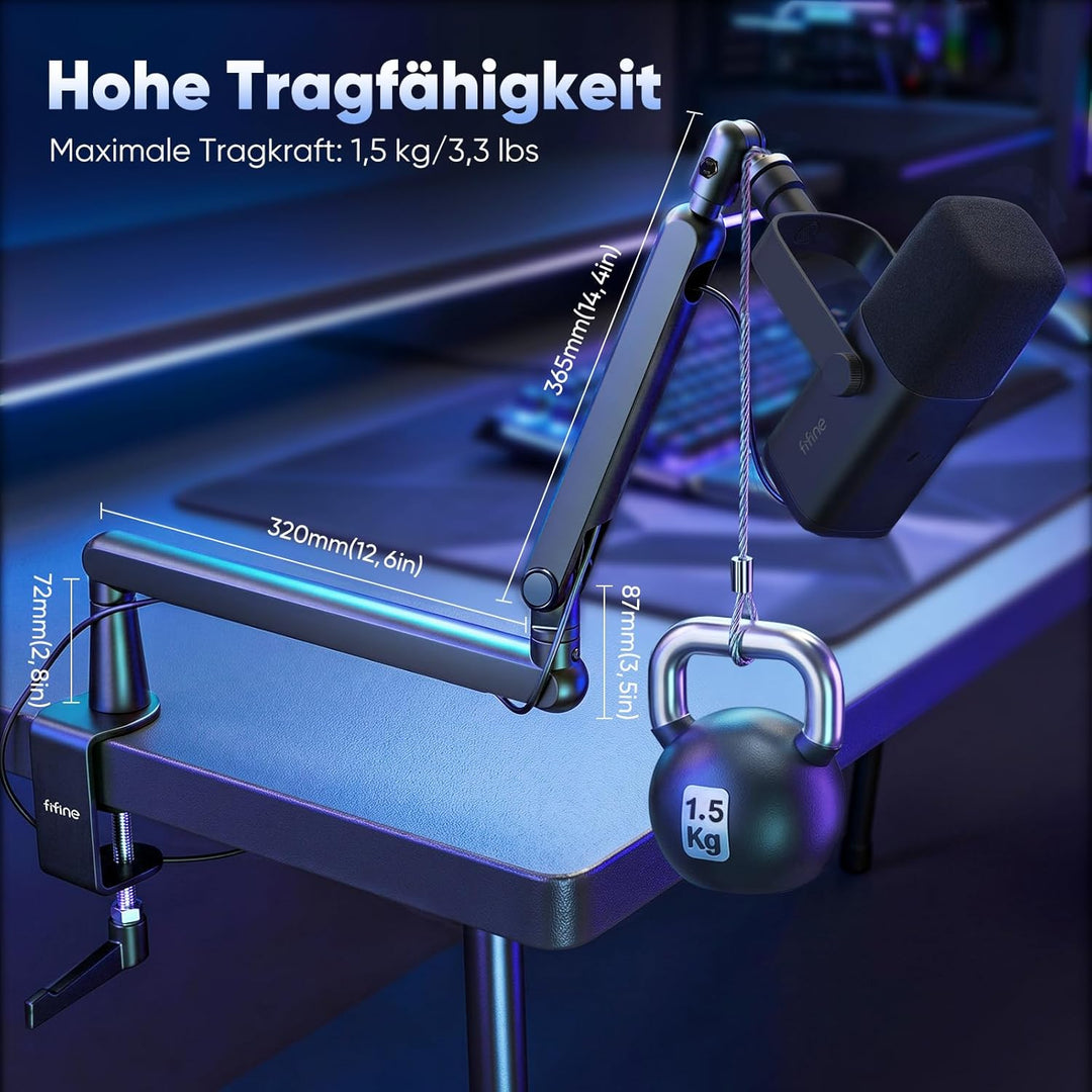 FIFINE Mikrofon Arm, flach einstellbarer Stangen Mikrofon Ständer mit Mikrofonclip, Schraubenadapter