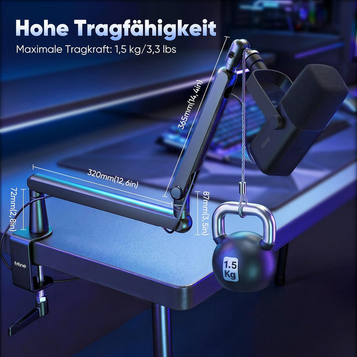 FIFINE Mikrofon Arm, flach einstellbarer Stangen Mikrofon Ständer mit Mikrofonclip, Schraubenadapter