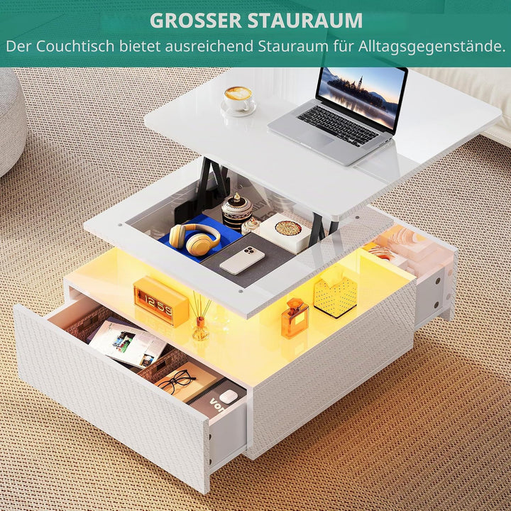 YITAHOME Couchtisch Höhenverstellbar mit LED Beleuchtung Modern, 60x60x45cm, Wohnzimmertisch Hochgla