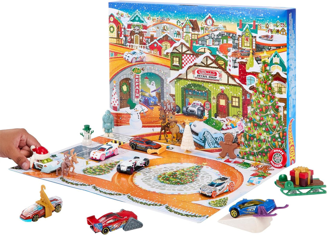 HOT WHEELS Adventskalender 2023 - 8 Hot Wheels Autos und 16 winterliche Zubehörteile hinter 24 numme