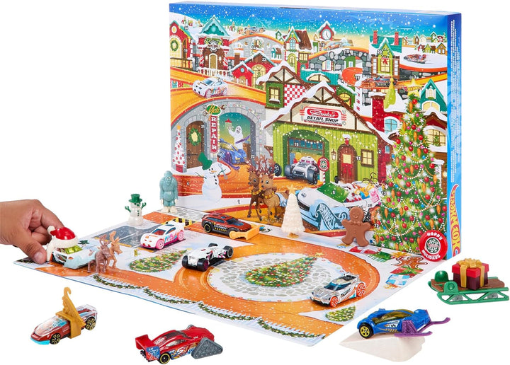 HOT WHEELS Adventskalender 2023 - 8 Hot Wheels Autos und 16 winterliche Zubehörteile hinter 24 numme