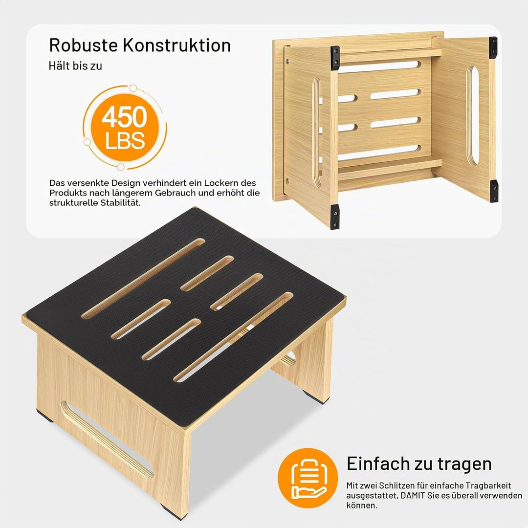 EIN hölzerner Tritthocker für Erwachsene und Senioren mit Rutschfester Gummiauflage, für drinnen und