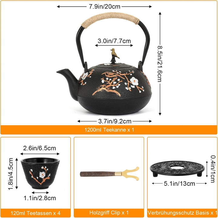 Dyna-Living Teekanne Gusseisen Set, Japanische 1,2 Liter Gusseiserne Teekanne 4 Teebecher, Basis, Ed