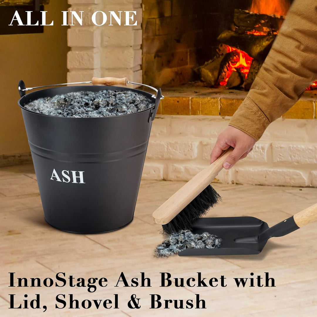 INNO Stage Ascheeimer mit Deckel, Schaufel und Besen, Kohleeimer für Kamin, Feuerstelle, Herde, Holz