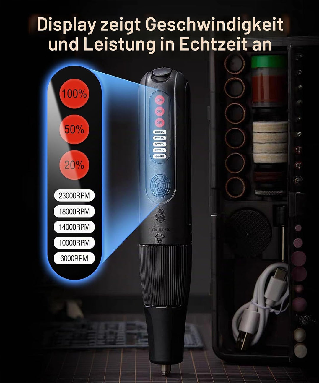 8V Akku Multifunktionswerkzeug Rotationswerkzeug 5-Gang(6000-23000 U/min) mit 56 Zubehör, Kabellos D
