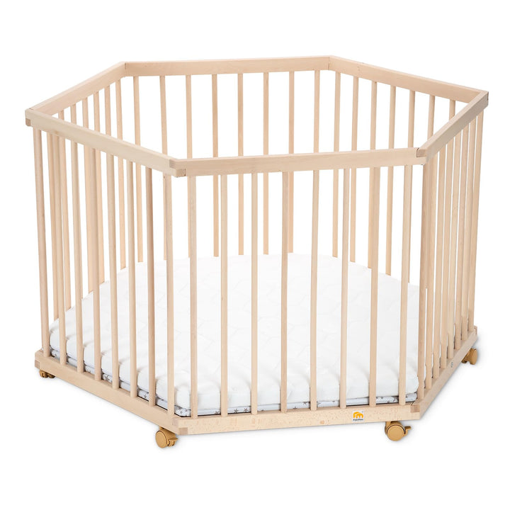 FabiMax Baby Laufgitter 6-eck, stufenlos höhenverstellbar, mit Schlupfsprossen, Laufstall aus massiv