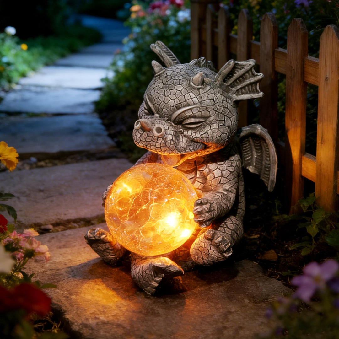 PORFOYO Drachen Figuren Gartendeko Für Draussen, Gartendrachen Figuren Deko Rundes Licht, Garten Dek