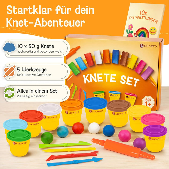Veganes Knete Set für Kinder ab 1 Jahr - [10 Farben, 5 Werkzeuge, 10 Anleitungen] - Extraweiche & un
