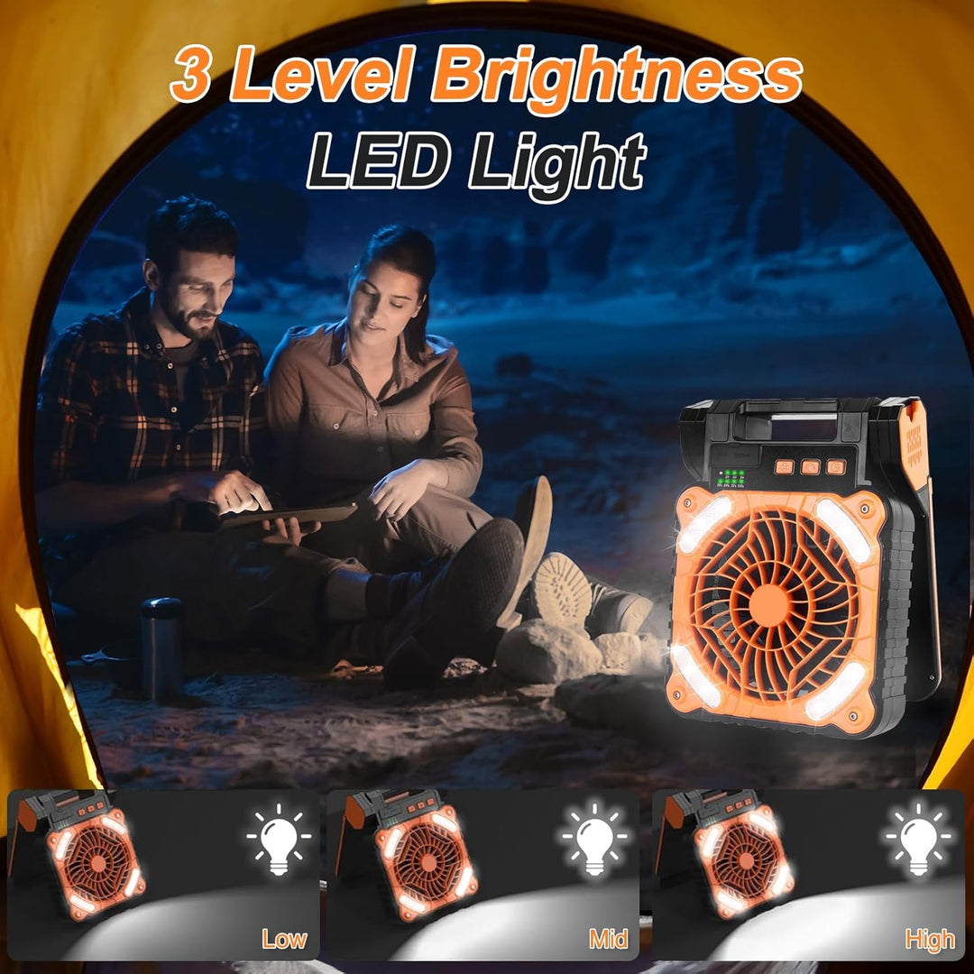 Camping Ventilator mit Akku 10400mAh, Solar Ventilator Outdoor mit LED-Licht, 4 Geschwindigkeiten Tr