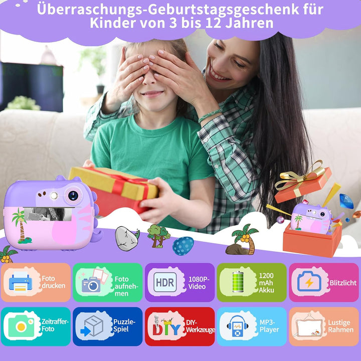 ARNSSIEN Sofortbildkamera Kinder, 2.4" KinderKamera Sofortbildkamera mit 7 Rollen Druckpapier, 1080P