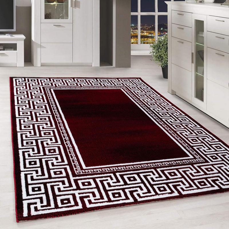 HomebyHome Teppich Wohnzimmer 200x290 cm Rechteckig Rot Kurzflor Bordüre Design - Teppich Schlafzimm