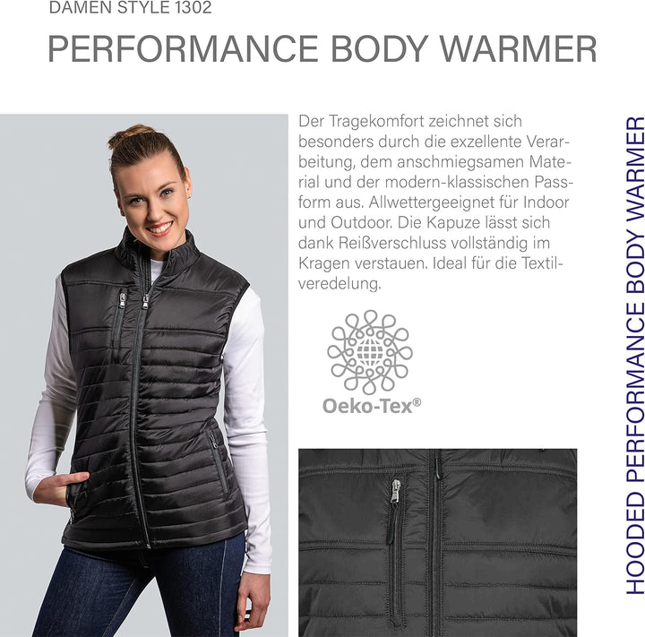 HRM Damen Hooded Performance Body Warmer I Fair Trade Outdoor Weste Damen, 100 g/m² I Aus 100% leich