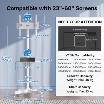 BONTEC Mobiler TV Ständer auf Rollen für 23-60 Zoll Plasma/LCD/LED Fernseher, Tragbarer TV Ständer m