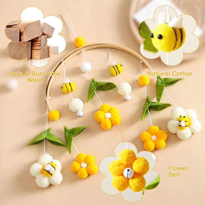 Youuys Mobile Baby Holz mit Filzbällen, Bienen und Blumen Baby Mobile Windspiel, Bettglocke Anhänger