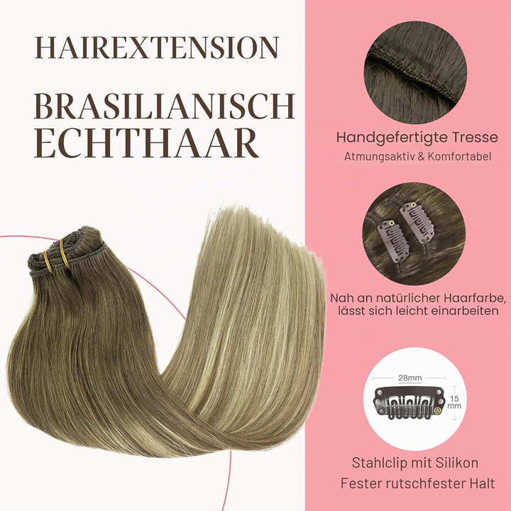 GOO GOO Clip in Extensions Echthaar, Echthaar Extensions Clip, 40cm 120g 7pcs, Clip In Haarverlänger