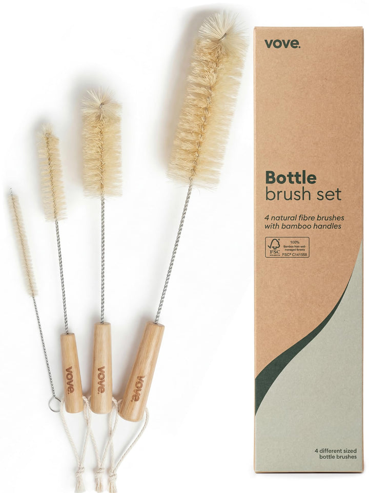 Vove Flaschenbürsten-Set 4-teilig aus Natur-Sisal mit Bambusgriffen, plastikfrei, inkl. Strohhalmrei