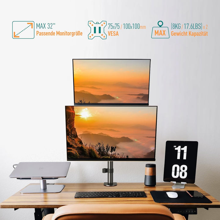 ELIVED Vertical Monitor Halterung 2 Monitore, 80cm Stange für 13-32 Zoll Monitore bis zu 8kg, Dualer