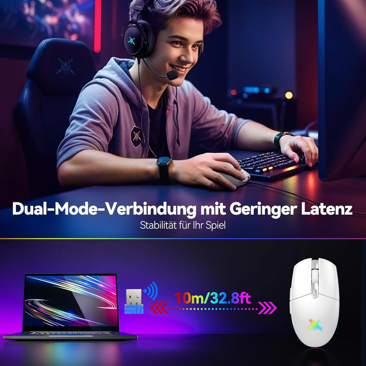 TECKNET Kabellose Gaming-Maus, RGB 2.4G/USB-C Kabelgebundene Gaming-Maus, 8000 DPI Wiederaufladbar,
