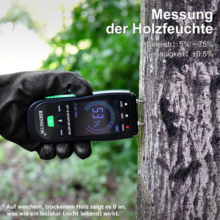 RDINSCOS Feuchtigkeitsmessgerät für Holz, Pin-Typ Holzfeuchtemessgerät mit 4 Messmodi & Farbdisplay,