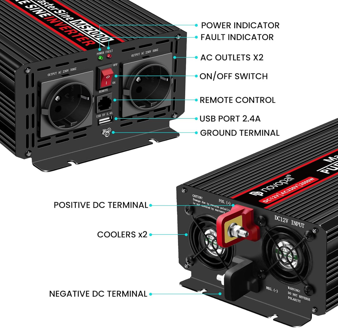 NOVOPAL 2000W KFZ Reiner Sinus Spannungswandler-Auto Wechselrichter 12v auf 230v Umwandler-Inverter