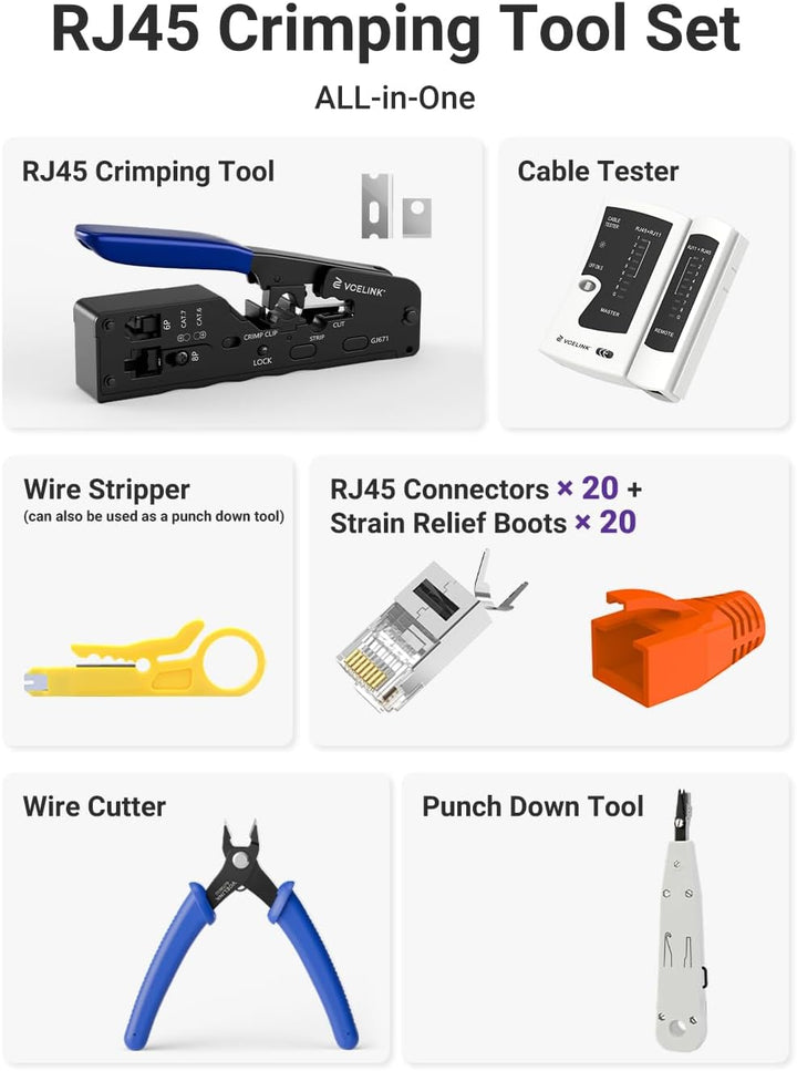 VCELINK Netzwerk Werkzeug Set, RJ45 Crimpzange mit 20 x RJ45 Stecker Cat7/Cat6a Pass Through, Netzwe