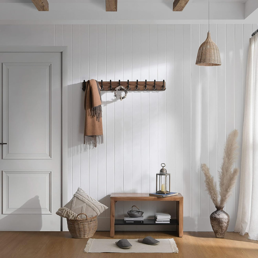 SKOLOO Garderobenleiste Holz, Vintage, Stabile Kleiderhaken Wand mit 10 Dreifachhaken, zum Aufhängen