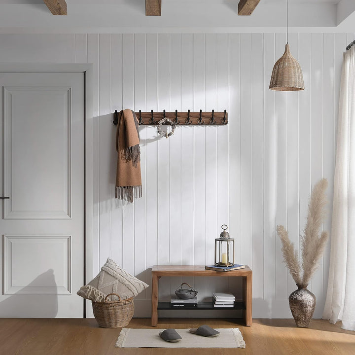 SKOLOO Garderobenleiste Holz, Vintage, Stabile Kleiderhaken Wand mit 10 Dreifachhaken, zum Aufhängen