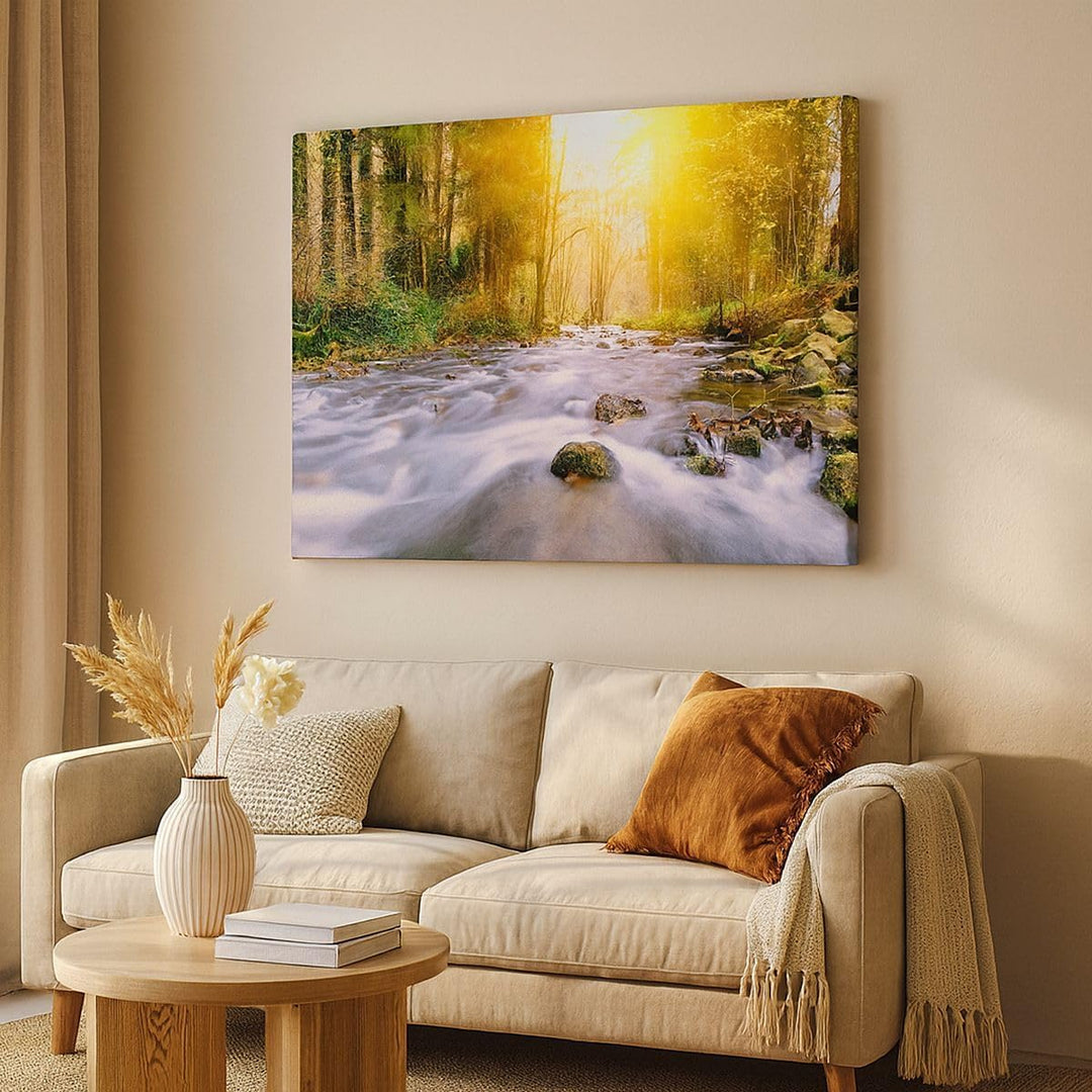 ARTTOR Bilder auf Leinwand 100x70cm Leinwandbild Herbst Wald Berg Fluss Gross Wanddeko Bild Schlafzi