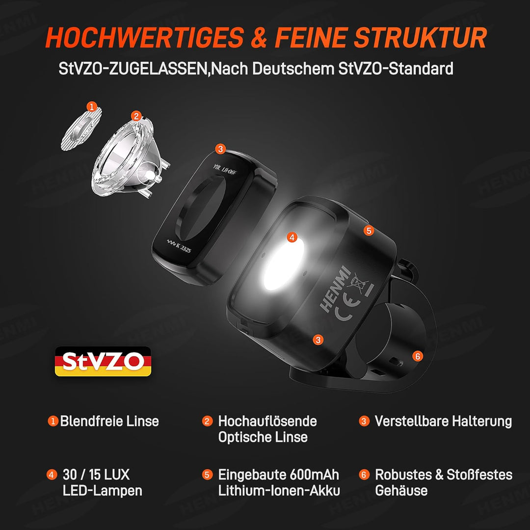 HENMI LED Fahrradlicht vorne, StVZO-zugelassen Fahrradbeleuchtung, USB Aufladbar Fahrrad Frontlicht,