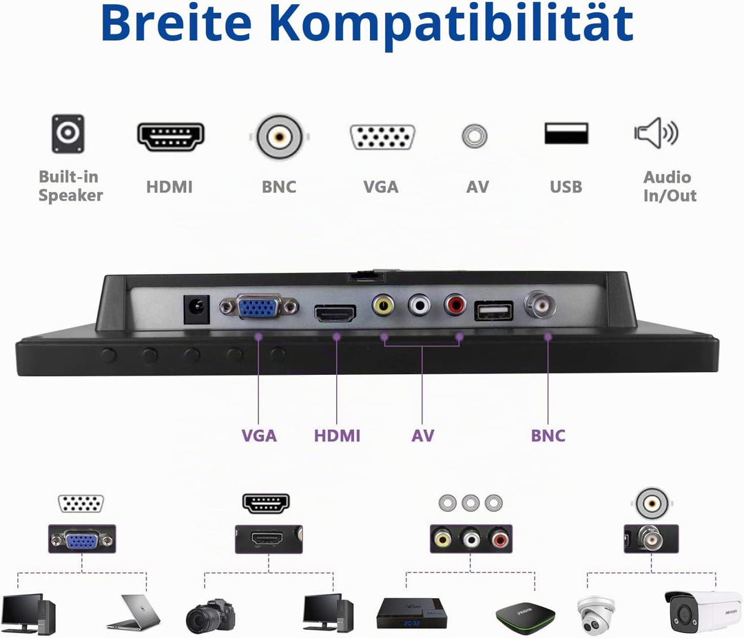 10,1 Zoll CCTV Monitor IPS LCD HDMI Farbbildschirm 1280 x 800 breiter Betrachtungswinkel mit AV/VGA/