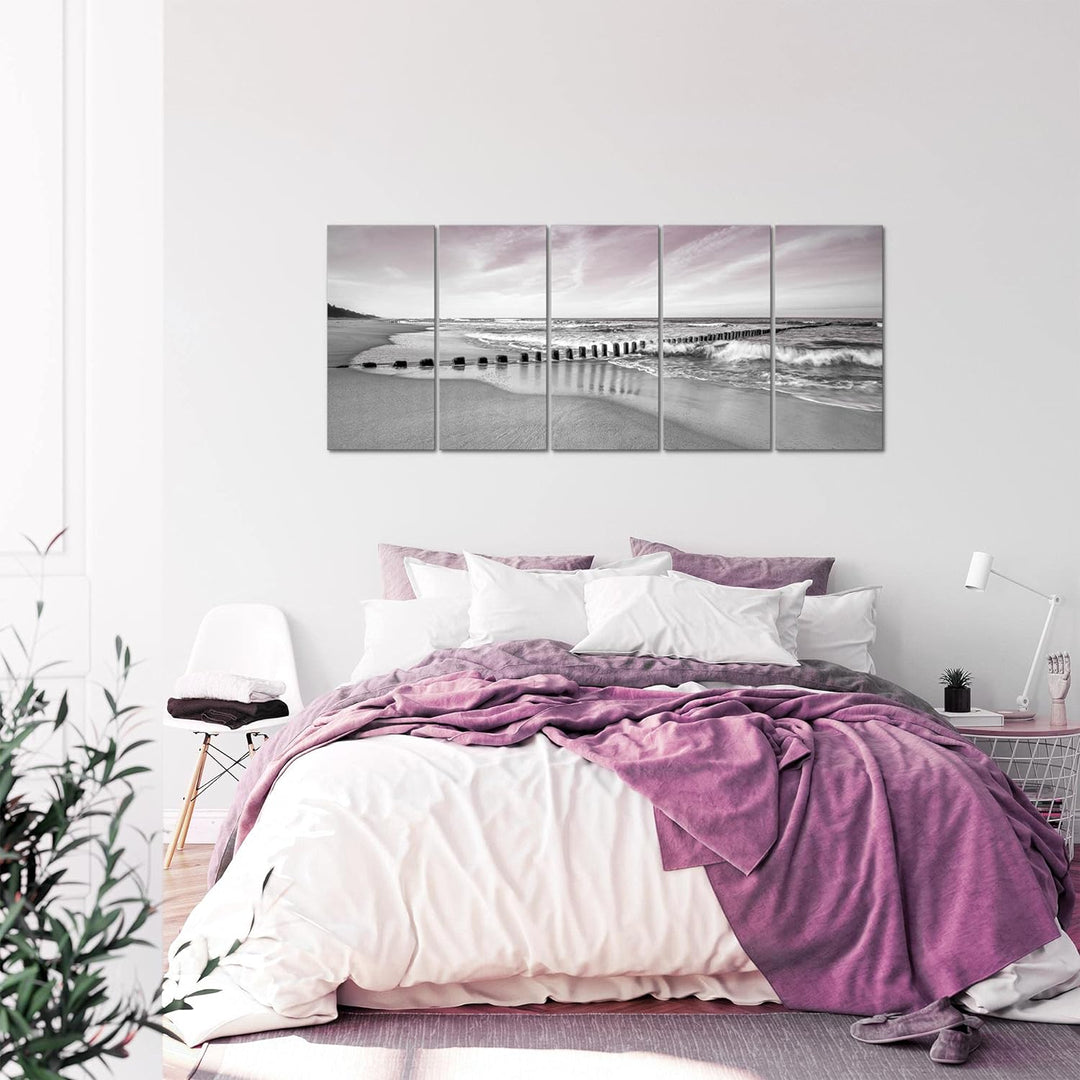 Runa Art Wandbild XXL Strand Meer Schlafzimmer Wohnzimmer 200 x 80 cm Grau Rosa 5 Teilig - Made in G