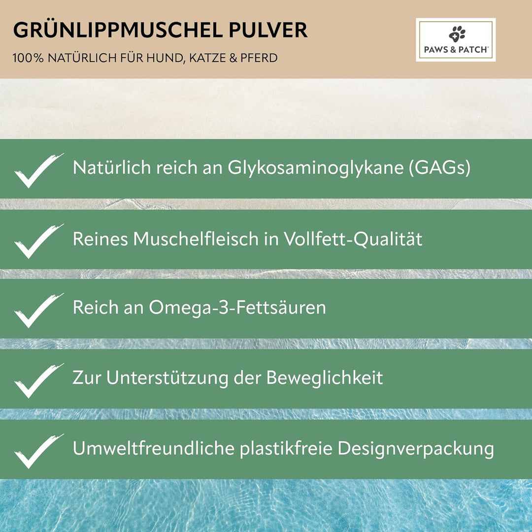 Paws&Patch reines GRÜNLIPPMUSCHEL Pulver für Hunde, Katzen & Pferde 150g plastikfrei I Vollfett-Qual