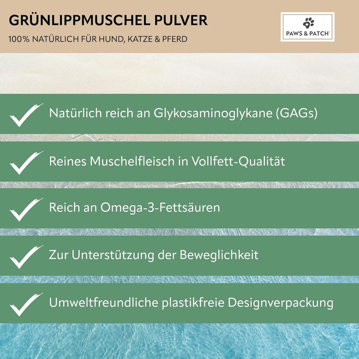 Paws&Patch reines GRÜNLIPPMUSCHEL Pulver für Hunde, Katzen & Pferde 150g plastikfrei I Vollfett-Qual